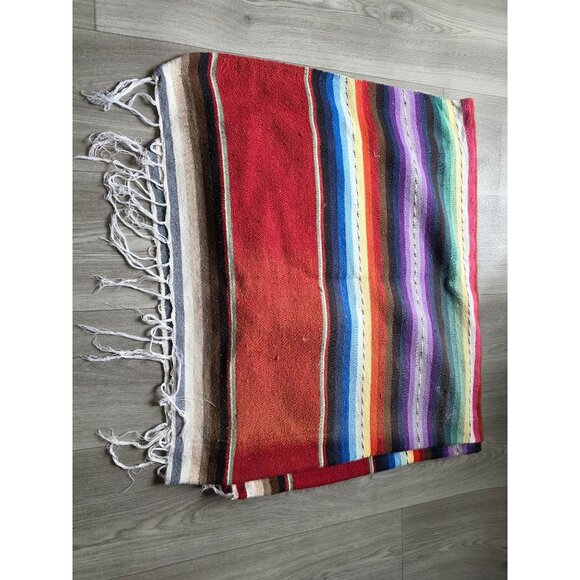 Mexican Serape Blanket Multicolor Stripes Handwoven Throw Fringe Edges 47"x84" - Picture 6 of 8
